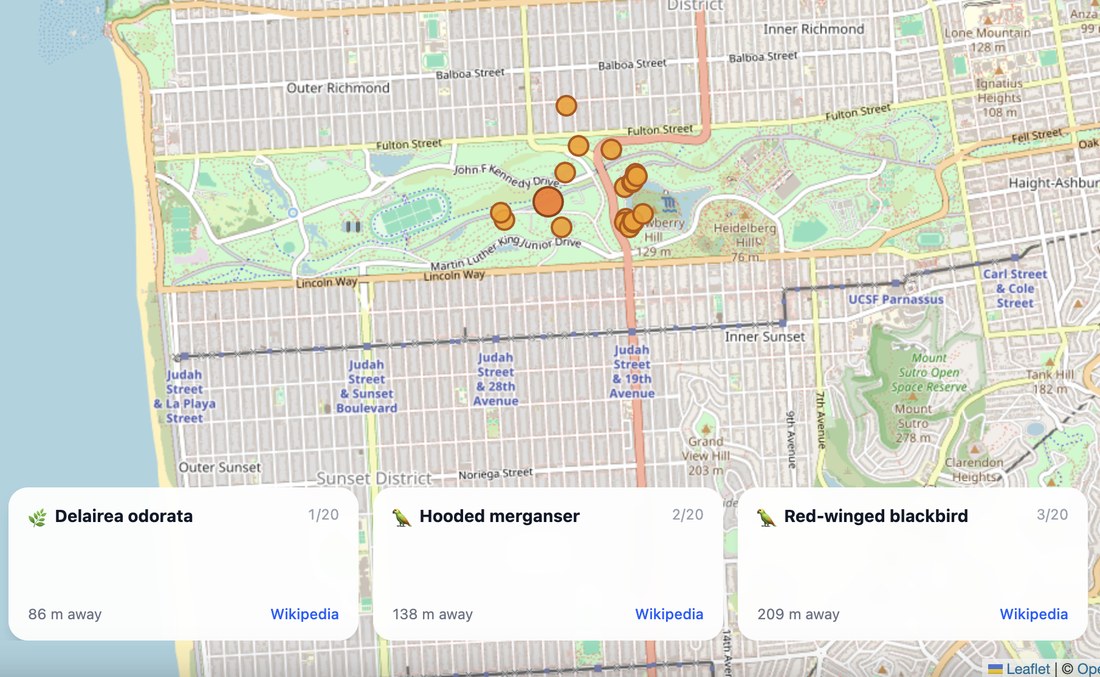 Living History scavenger hunt map of San Francisco, showing nearby species and landmarks as markers with distance and Wikipedia links